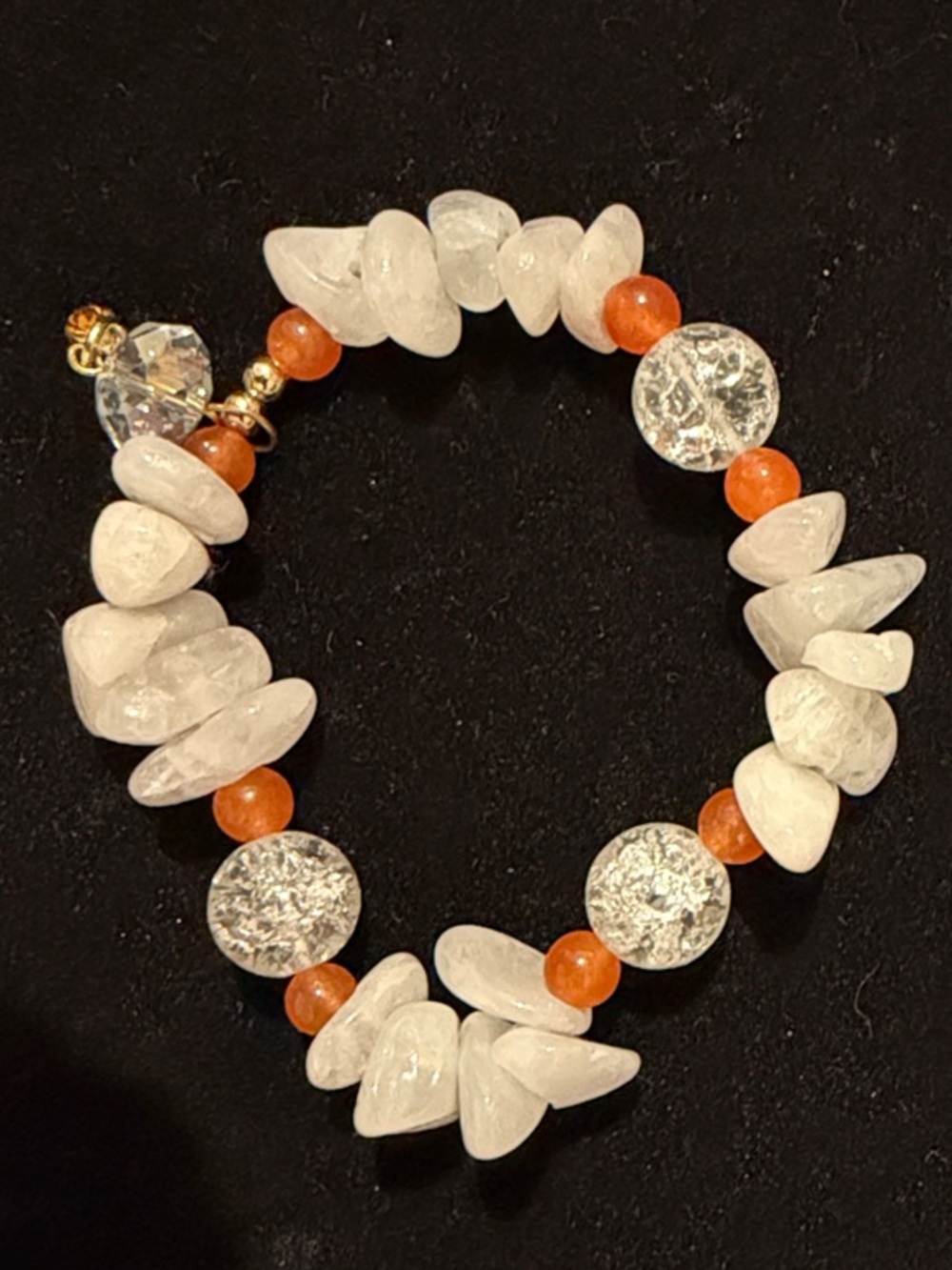 White and Orange Beaded Stretch Bracelet with Sparkling Accents